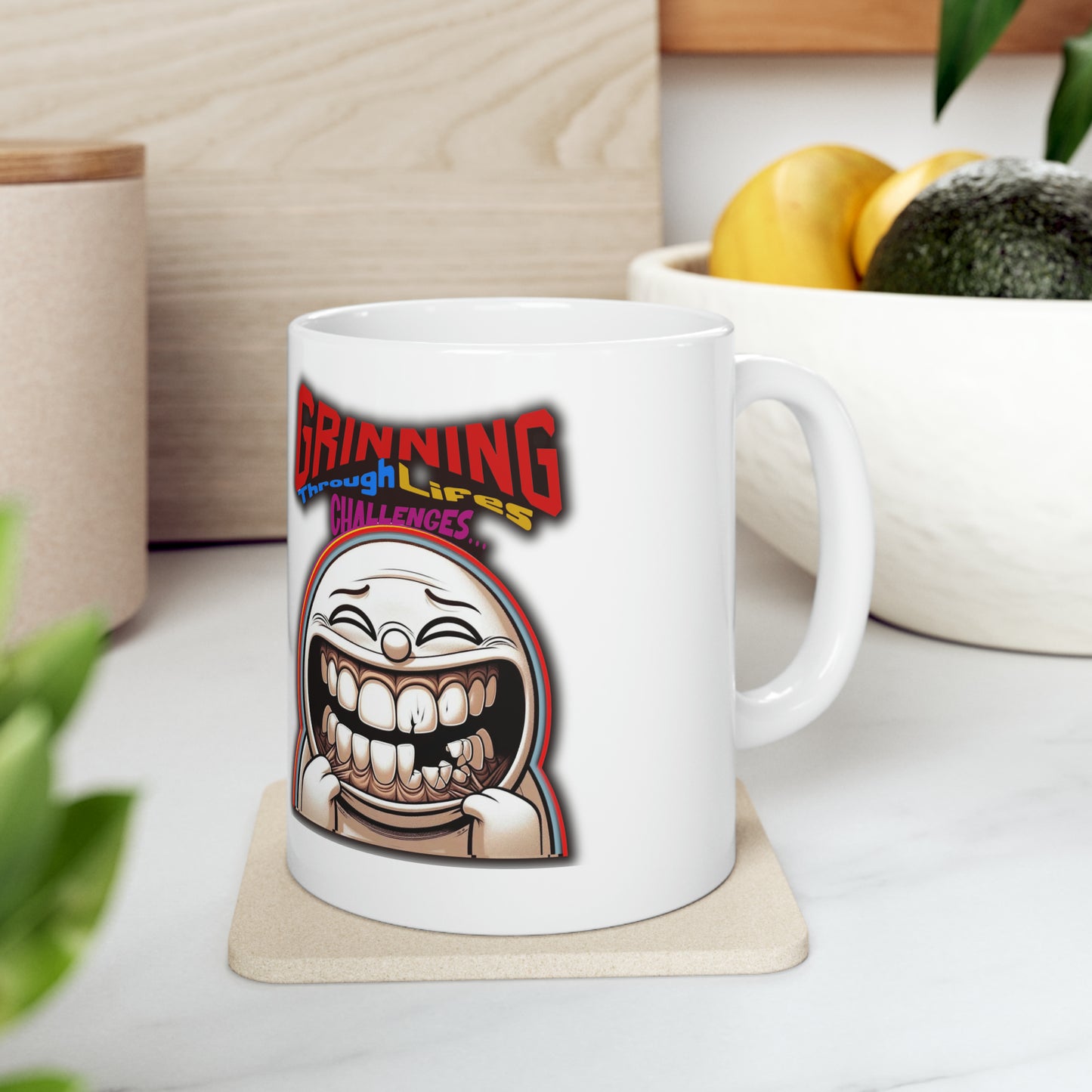 Grinning through life's challenges Ceramic Mug 11oz, funny face sticker