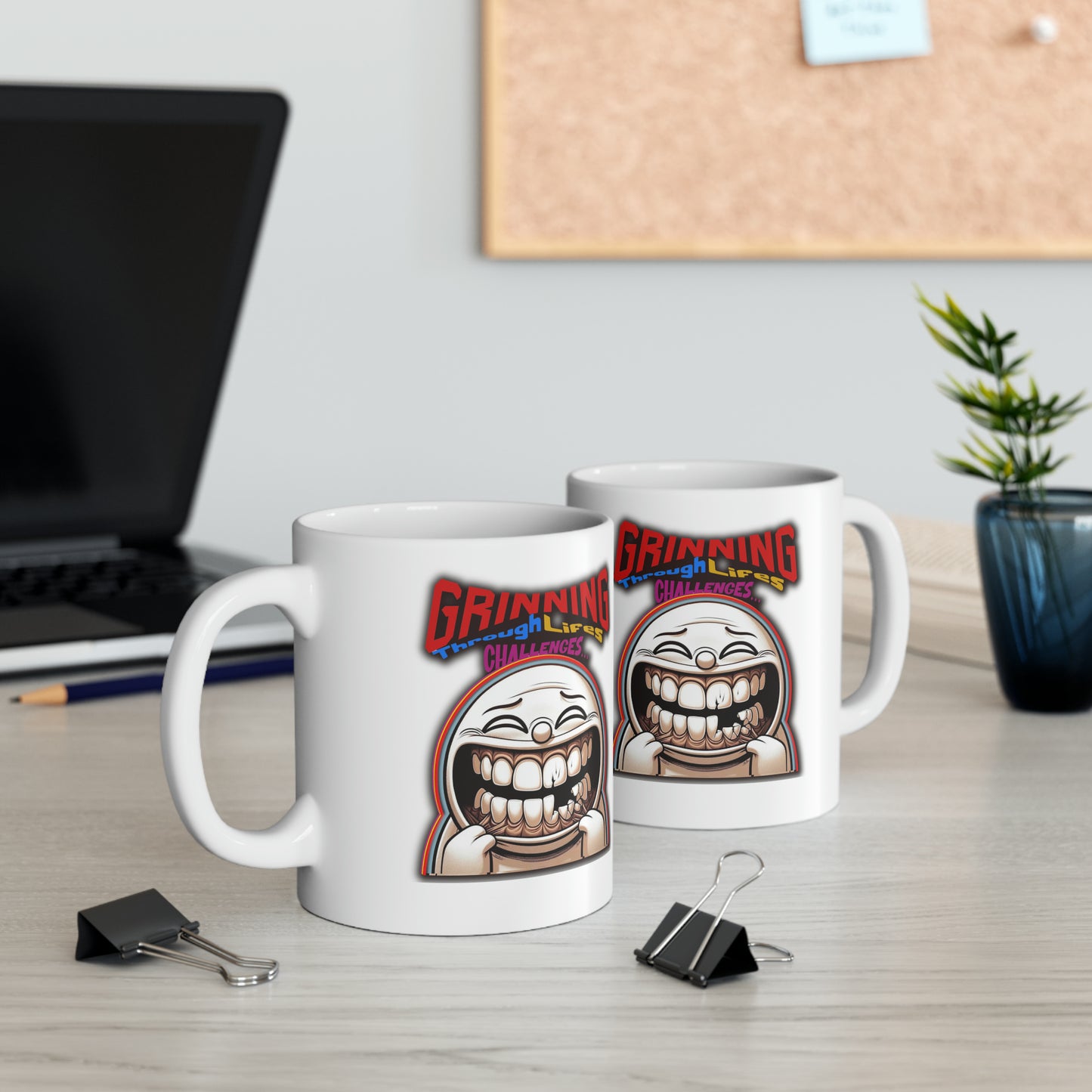 Grinning through life's challenges Ceramic Mug 11oz, funny face sticker